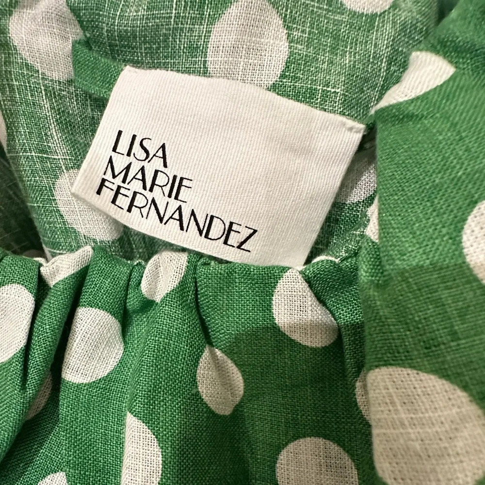 NWT Lisa Marie Fernandez Arden One Shoulder Linen Green & White Polka Dot Dress - Picture 5 of 10
